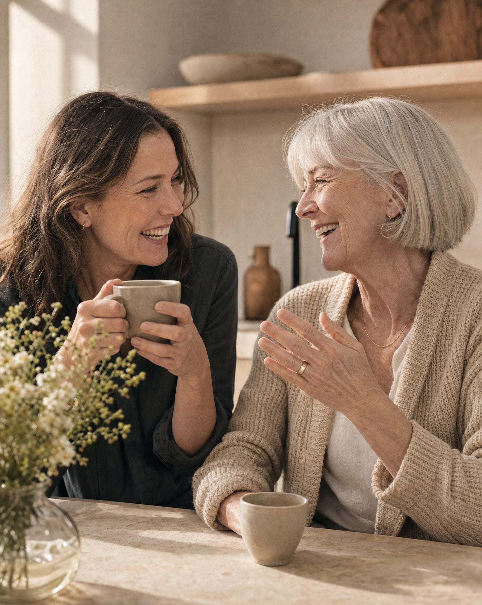 Zwei Frauen lachen zusammen am Küchentisch bei einem Kaffee